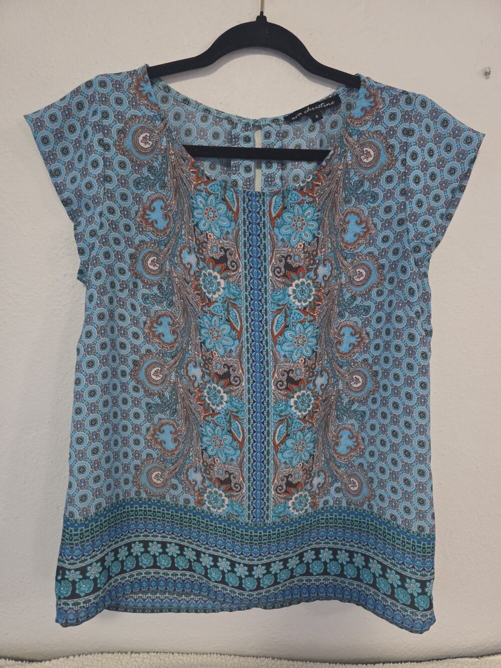 Ava Christine Bohemian Paisley Floral Print Blouse Top Cap Sleeve Size Small